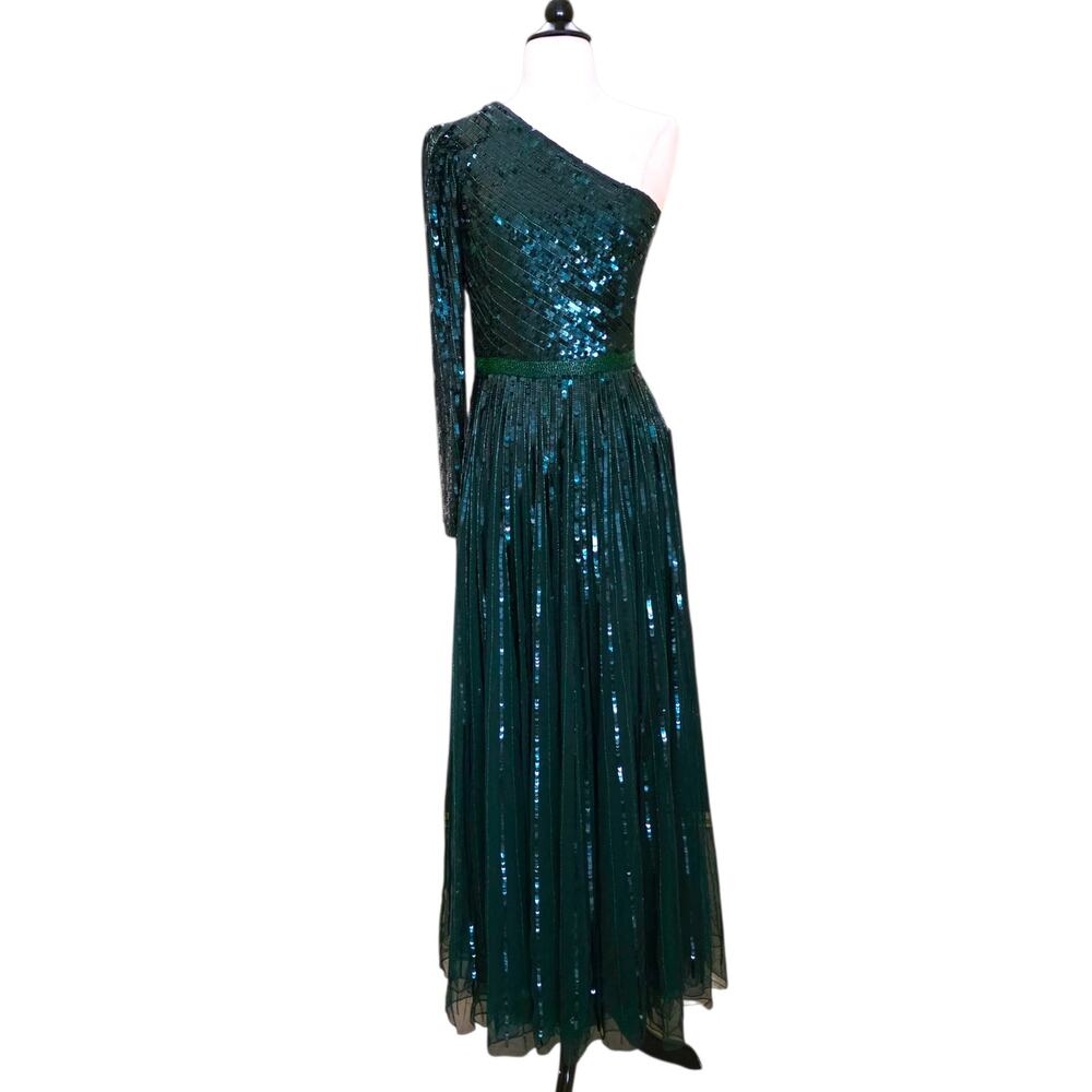 Mac Duggal 5508 Emerald Green Sequin One Shoulder Prom Evening Gown 4 Dress - Picture 2 of 13